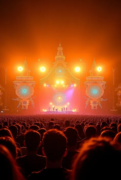 a show with an aesthetic of orange and yellow lights, with a huge audience and stage