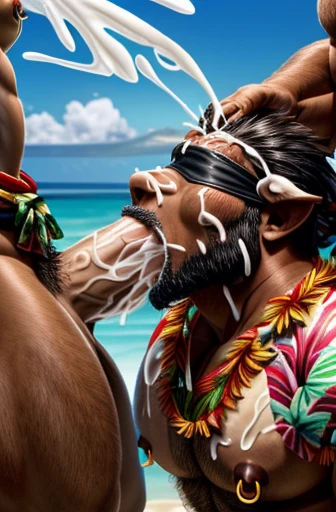 Super muscular adult boar beastman,manly,Short Hair,(Wear Hawaiian traditional clothing:1.7),Open your mouth and stick out your tongue,(Surrounded by erect men:1.2),(a large amount of semen on the face and body,:2.0),Southern Island,(Deep Throat:1.9),Brown...