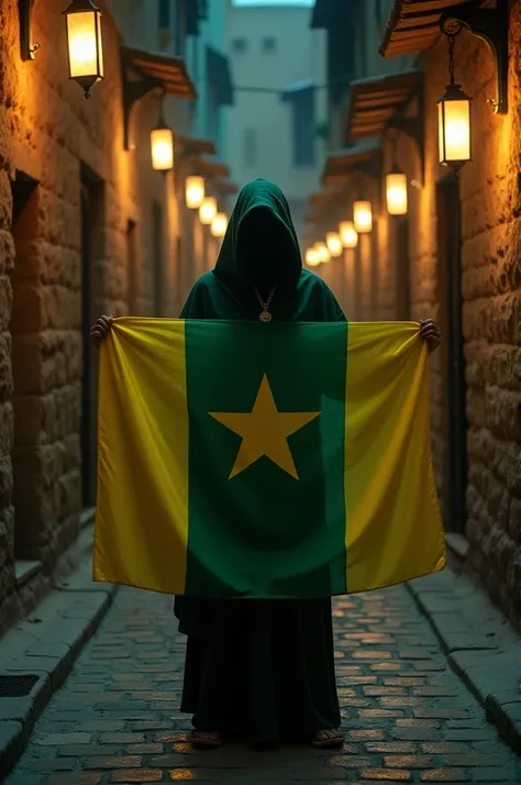 Write a picture of a mysterious person holding the flag of Mauritania and the name Amsi behind it