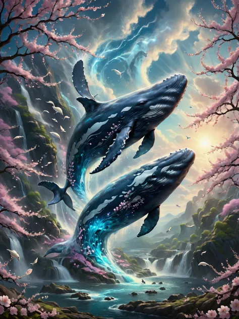 in a whimsical fantasy kingdom, a majestic and translucent whale soars through the sky, defying the laws of nature. its immense form emits a cold light, in this high-resolution image，every flowing curve and wrinkle is captured in exquisite detail. The surr...