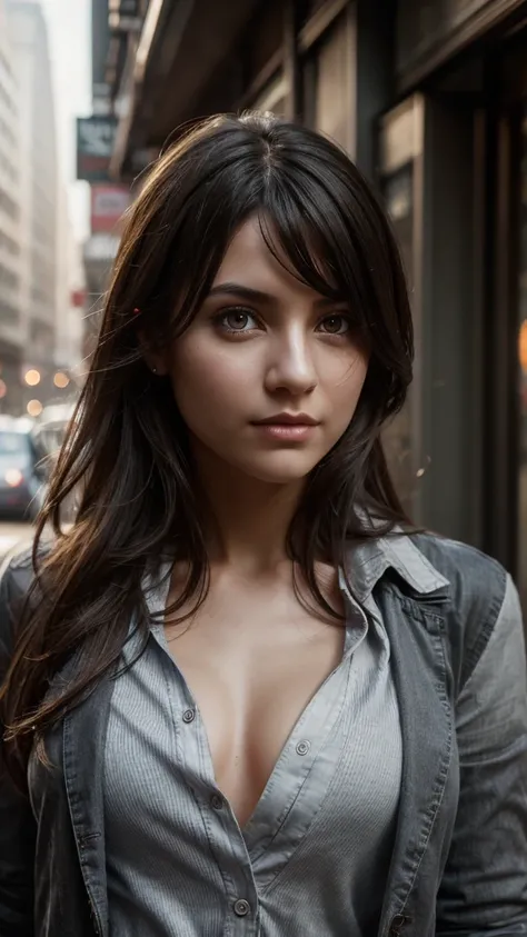 Portrait beautiful girl dark hair, gray eyes, open shirt, lachs, on the street., the design creates an atmosphere of mystery, fantasy, and magic, 8k resolution, hyper realistic