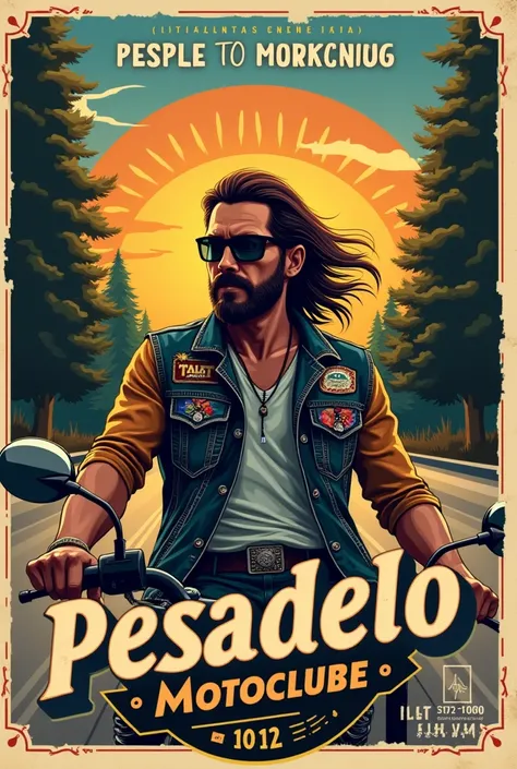 Vintage motorcycle event poster, written in Portuguese: 10th Anniversary of Pesadelo Motoclube January 18, 2025,  biker with denim vest free sides to add information