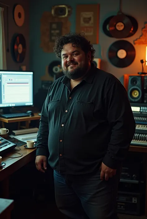 A music producer who exudes calmness but is a psychopath. His appearance is unkempt, Hes overweight, cheek, He has dark curly hair