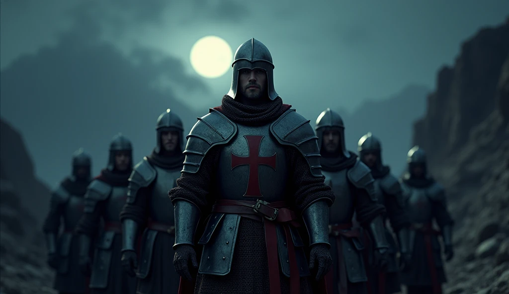 A highly realistic, high-contrast, 8K HD, detailed, hyper-detailed image of a group of Crusader knights, led by the protagonist in steel armor with a red cross emblem on his chest, all facing the same direction under the cover of night. The protagonists fa...