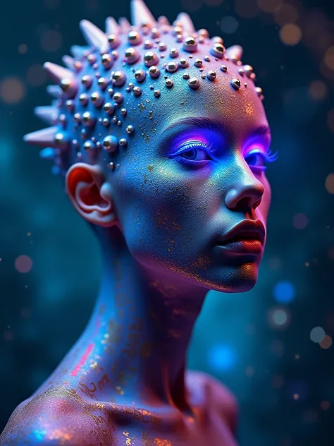 A close-up shot of a person with a strange face and a strange head., From 2019 sci-fi 8k movies, Alien robot movie stills, Alien Girl Movie Stills, Unreal Engine : : Carnival Makeup, Robot goddess in the universe, Love death + , sci - fi film still, ashtho...