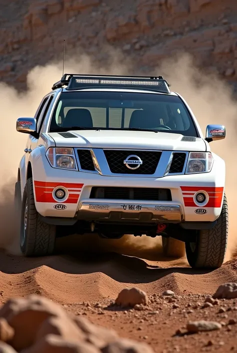 A white 2005 Pathfinder R51 4x4 with stripes on the sides and dark windows and racing decorations