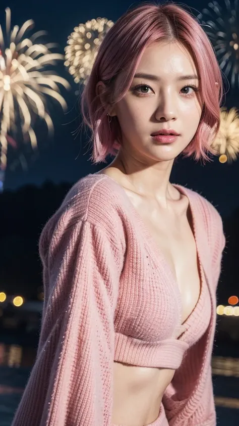 Model actress、One Woman、cool、Japanese and half European、Close-up of face、30 generation beauty、Realistic Skin、4K images、bright pink hair、Short Hair、The background is fireworks、Night festival scenery