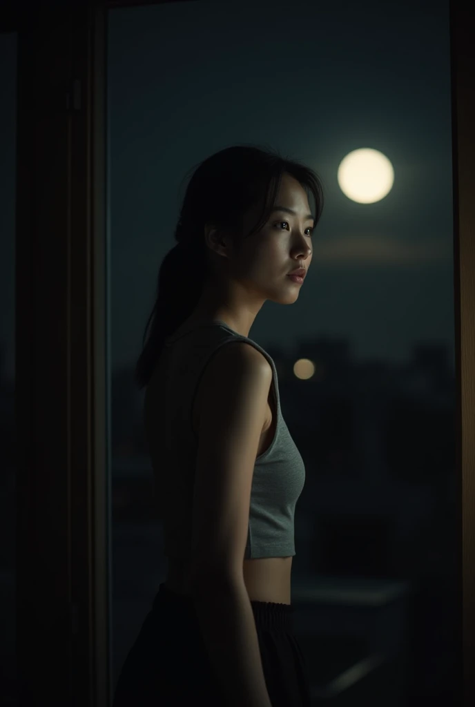 A 35-year-old Japanese woman wearing a sleeveless shirt, Looking forward in a dark room at night.