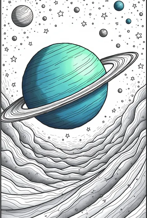 Coloring page of Neptunes view and the black and white starry sky 