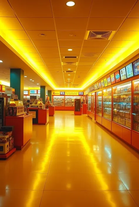 Lottery store the store lights are on and they are yellow  big spacious clean store bright gold lights
No one is there realistic looking 

Cinematic 