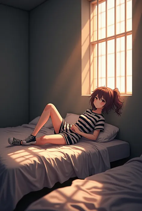 (photorealism:1.2), anime girl , sitting on bed, wearing wery big prison striped jumpsuit, small short skirt on her jumpsuit, long curly hair, indoors, soft lighting, window with sunlight, prison cell , relaxed pose, anime, intricate details, 