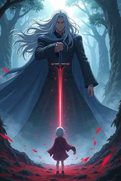 Make a man with white hair and red eyes, imposing and with a terrifying aura, wielding a sword towards a white-haired, red-eyed teenager.
anime styling