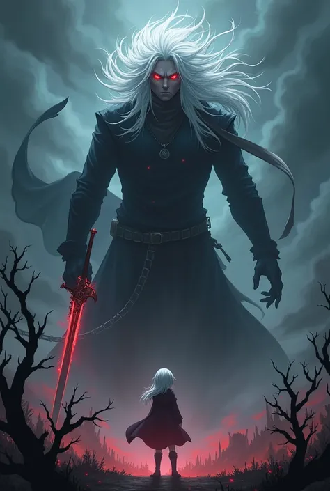 Make a man with white hair and red eyes, imposing and with a terrifying aura, wielding a sword towards a white-haired, red-eyed teenager.
anime styling