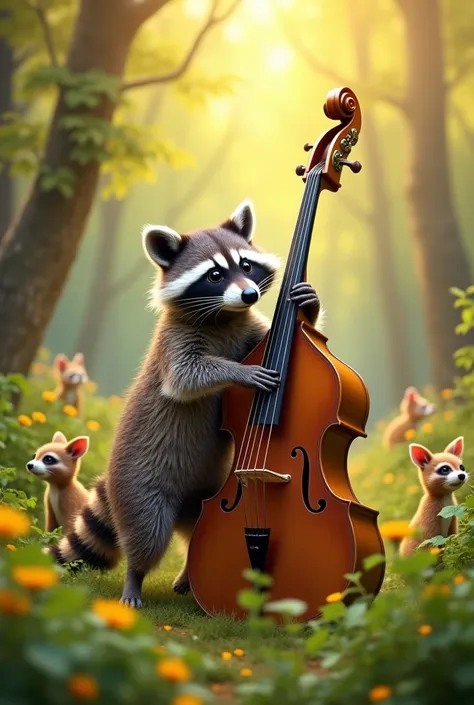 An image of a raccoon playing the double bass