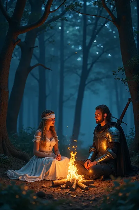 Draw a picture of a blindfolded woman and a knight sitting by a fire at night in a forest. fantasy, middle-earth, draw,