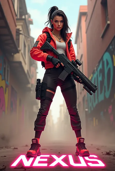 Uma personagem do free fire Kelly, with a gun in hand and with the word "nexus" below