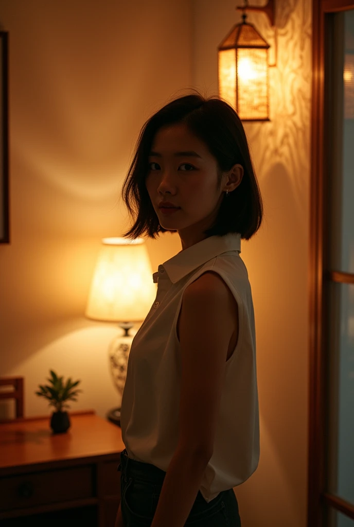 A 35-year-old Japanese woman wearing a sleeveless shirt, Facing forward in a room at night