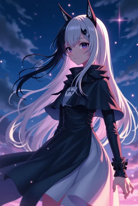 Anime,girl,half white half black long hair,black and white clothes with cape,black eyes 