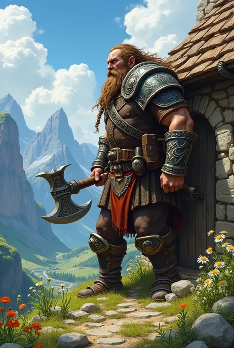 a dwarf, warrior with a shield on his back climbing a house