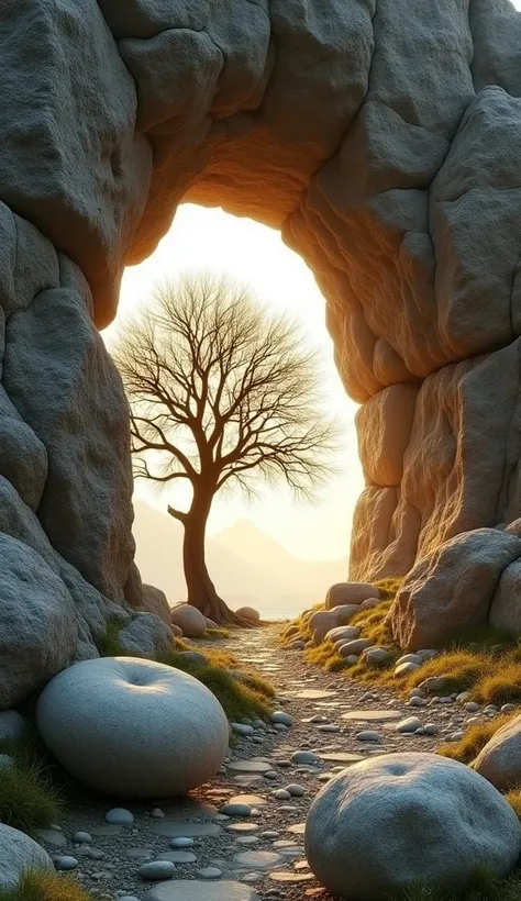 "Create the same scene, #exploring various angles# from a serene and reverent image to a nature-built entrance that leads to a sturdy, sparsely-leaved tree, Set in a rocky environment. The scene should show a large entrance carved into the rock, with a rou...