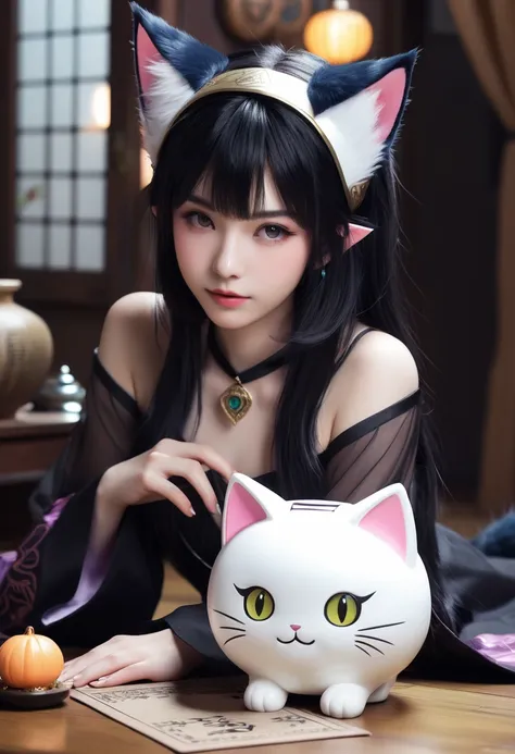 monster girl, cat ear,20th generation, fortune teller,realistic women, ピンクのcute部屋,black hair,cute