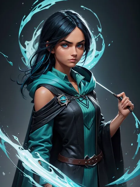 (best quality), 1girl, Female, tanned skin, black hair, blue tips, blue streaked hair, medium hair, asymmetric hairstyle, swoopy hair, blue eyes, perfect eyes, smug, slytherin hogwarts cloak, harry potter universe, slytherin, small bust, masterpiece, anato...