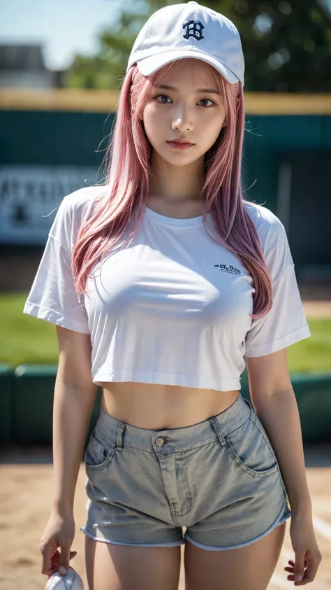 21yo girl,pink hair,long hair, wearing oversize white t-shirt, shorts, wearing a baseball cap, natural big breast, show big thigh, plump body, single sidelock hairpin blush modern cinematic lighting,ray tracing,drop shadow wide shot UHD,textured skin,high ...