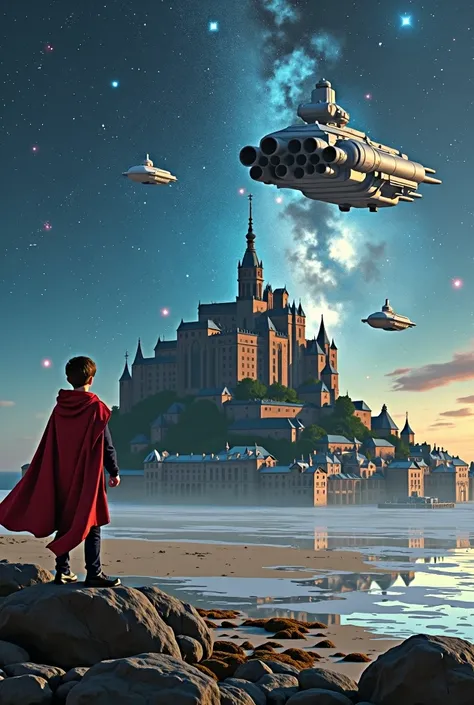 Mont Saint-Michel floating in space　A boy in a red cloak
A spaceship with a large number of cannons　A giant spaceship
A bird-shaped spaceship　
