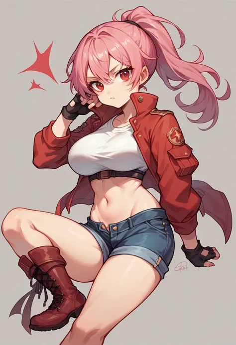 Chibi, pink hair, red eyes, large breasts, white top, open red jacket, navel, jeans shorts, army boots, fingerless military gloves, ponytail hair, 