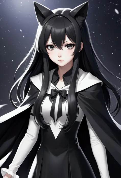 Anime,girl,half white half black long hair,black and white clothes with cape,black eyes ,no animal ears