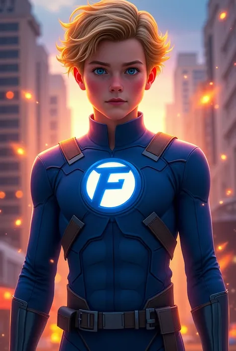 Crie uma imagem de Johnny Storm, a 15-year-old superhero, who is part of a quartet. Johnny has a face similar to actor Jacob Tremblay, with blonde hair and bright blue eyes. Hes wearing a blue uniform similar to the Fantastic Fours., with an F emblem on hi...