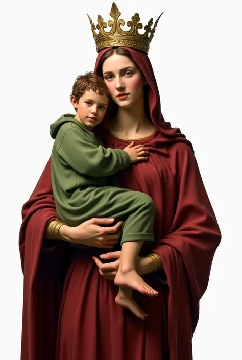 The Virgin Mary, a 40-year-old woman, wearing a maroon tunic and a crown on her head, carrying a child dressed in a green tunic with a crown on his head., childs brown hair, the image that is facing forward and that you can see the feet, no image backgroun...