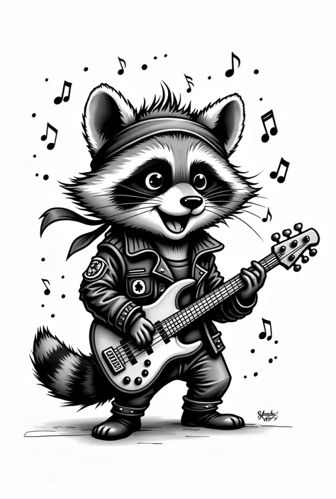 A caricature image that could be used to make a black and white tattoo of a cute rocker raccoon playing bass