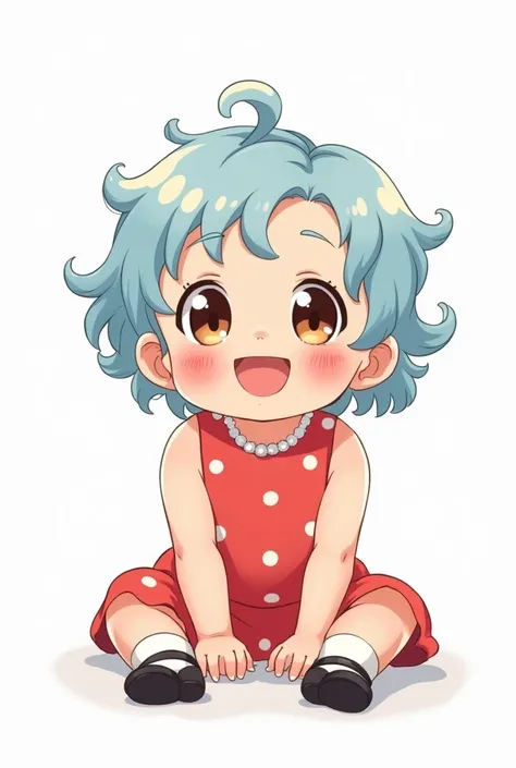 One year old anime baby with light blue hair wearing a red dress with white dots, white stockings and black doll shoes, white background, white blouse, brown eyes