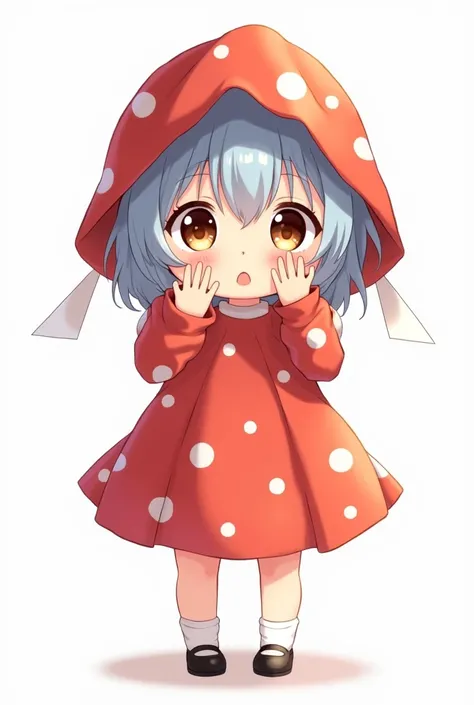 One year old anime baby with light blue hair wearing a red dress with white dots, white stockings and black doll shoes, white background, white blouse, brown eyes