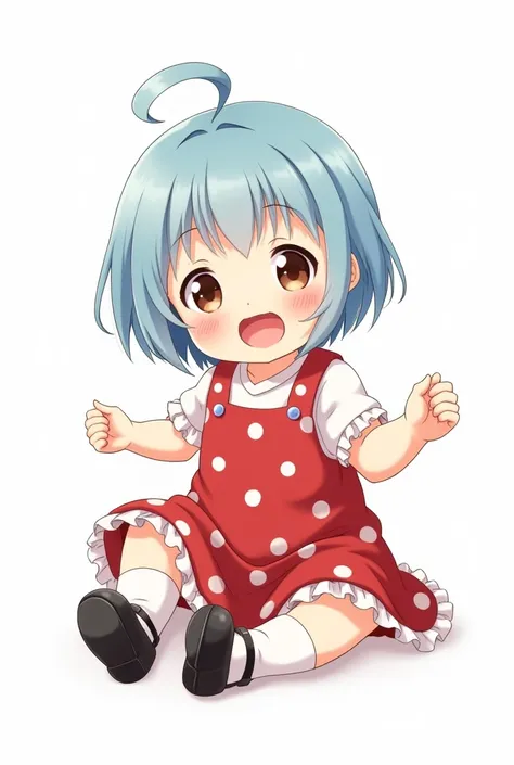 One year old anime baby with light blue hair wearing a red dress with white dots, white stockings and black doll shoes, white background, white blouse, brown eyes