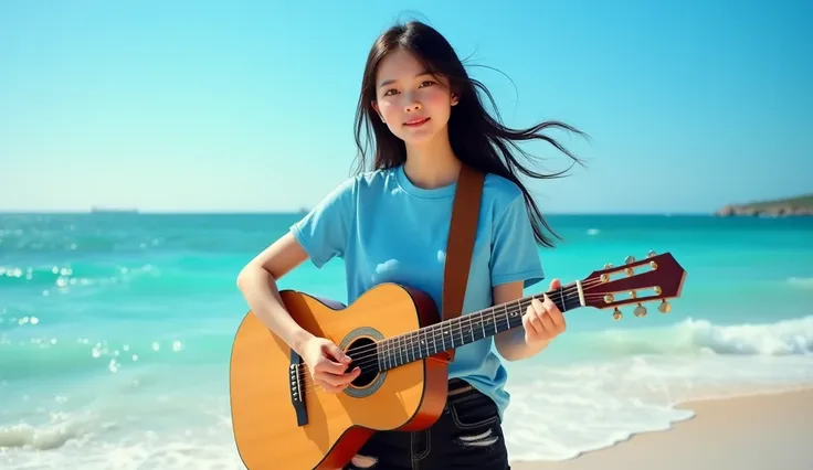 Create a detailed full body, stunning summer portrait of a A beautiful Asian girl , Inspired by Li Di, highly detailed facial features exuding confidence and charm. She wears blue t shirts and black ripped jeans playing guitar, The background shows a brigh...