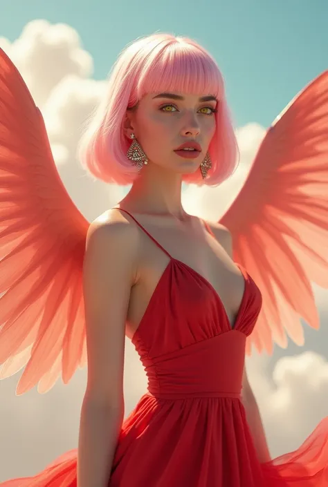 A beautiful woman with big breasts and wings　Pink Hair　Blunt hair, big yellow eyes　Red dress　Triangular earrings that cover the ears
