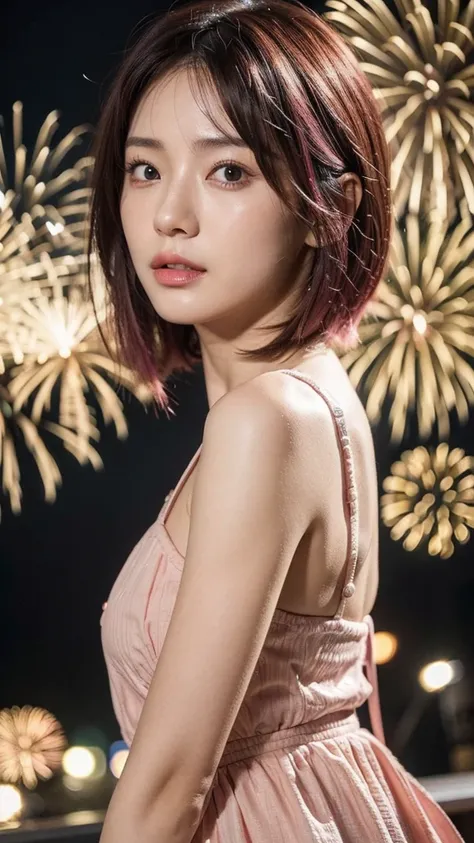 Model actress、One Woman、cool、Japanese and half European、Close-up of face、30 generation beauty、Realistic Skin、4K images、bright pink hair、Short Hair、The background is fireworks