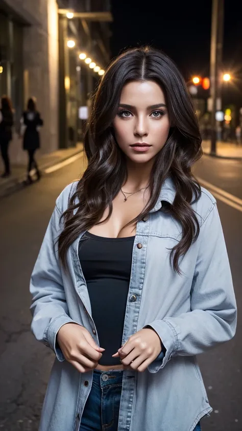 Portrait beautiful girl dark hair, gray eyes, open shirt, lachs, on the street., the design creates an atmosphere of mystery, fantasy, and magic, 8k resolution, hyper realistic