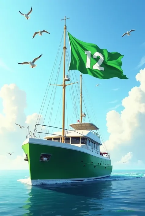 A large green and white boat with a green flag and the number 12 printed on the flag. 