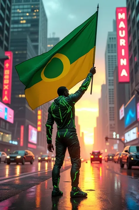 A man from the future holding the flag of Mauritania 