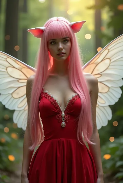 A beautiful woman with large breasts and white wings　Pink Hair　Long, blunt hair
Yellow, large eyes　Red dress　Fairy ears　
