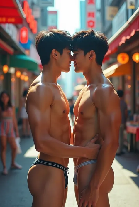 Two boys, korean, Male focus, handsome, idol, K-pop, embrace, in the street, bang, muscle，sexy, thong underwear, abs, topless, city