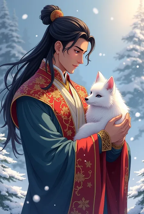 An anime style man, with black hair and Royal Emperor (Not Chinese) like clothing picking up a baby Snow fox