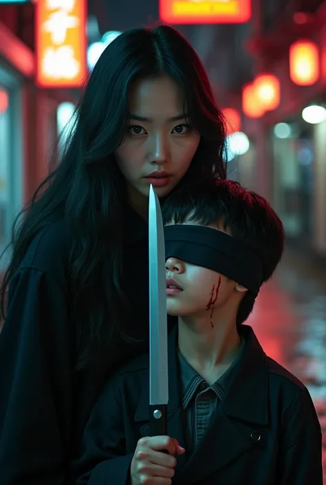 Korean sexy very beautiful woman, stuck the knife throat of a boy blindfold blood in the neck