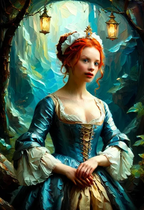 A woman in a fantasy world, in the style of 18th-century painting