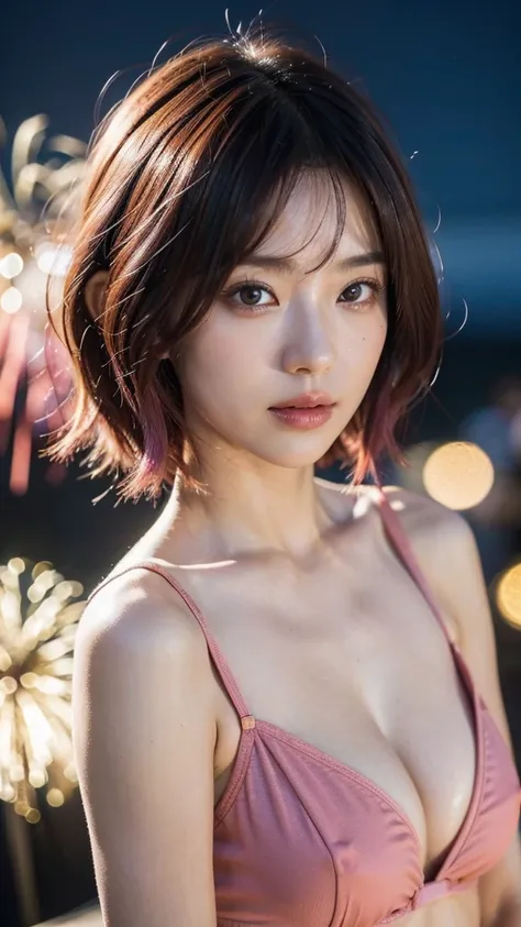 Model actress、One Woman、cool、Japanese and half European、Close-up of face、30 generation beauty、Realistic Skin、4K images、bright pink hair、Short Hair、The background is blurred fireworks.