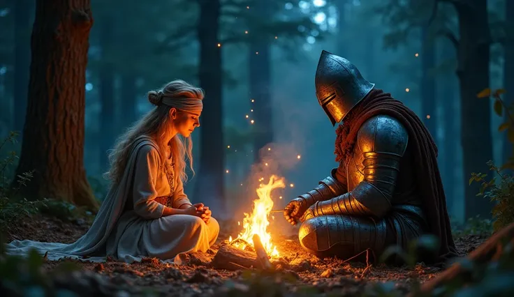 Draw a picture of two people:a blindfolded woman and a 
men knight helmet, sitting by a fire at night in a forest. fantasy, middle-earth, draw,