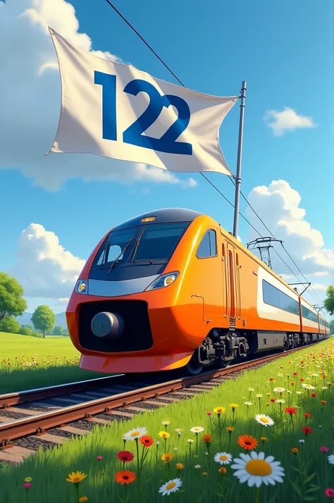 Orange and white train with a white flag with the number 12 in blue 